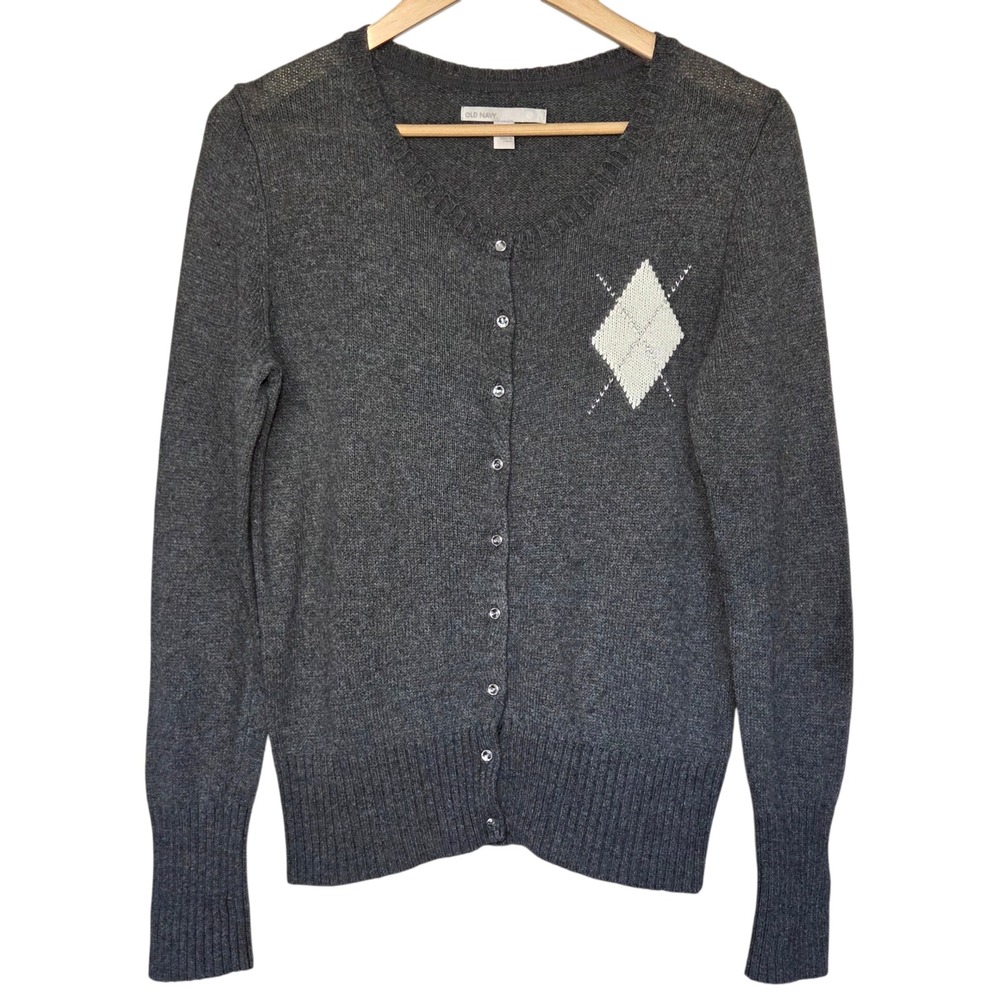 Old Navy Gray‎ Argyle Cardigan  Cozy Knit Sweater Preppy Academia Womens Medium
